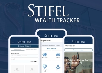 3 phones with different images from Stifel Wealth Tracker sit in the middle of the image, the background is the Stifel logo outside of the Washington Avenue entrance to the St. Louis Headquarters; Stifel Wealth Tracker